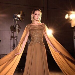 New Sequins Embellished Maxi Red Carpet Gown w/ Cape Sleeves & Boat Neck CD CL08